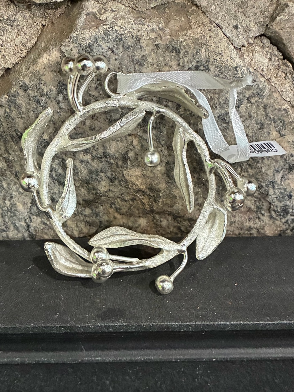Crate & Barrel Mistletoe Wreath Ornament Christmas Holiday Silver Brand New